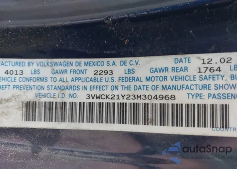 2003 Volkswagen New Beetle Gls из США, поврежденный, VIN 3VWCK21Y23M304968